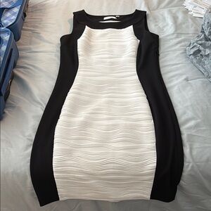 Calvin Klein Black and White Ribbed Ruched Midi Dress